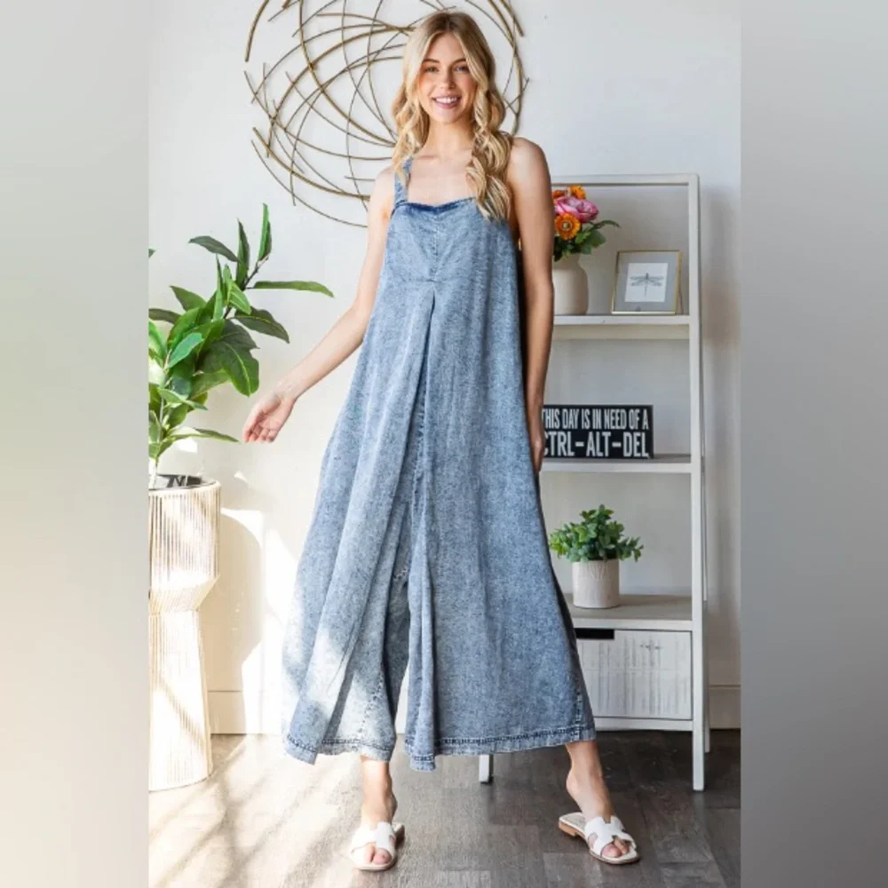 WASHED PLEATED DETAIL WIDE LEG ROMPER - Picture 6 of 7